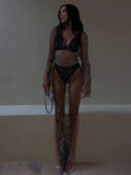 Getadme-Y2K Sexy Shiny Rhinestones Grid Fishnet Dress Long Sleeve Hollow Out Side Slit Dress Beach Cover Up Breathable Lady Vestidos