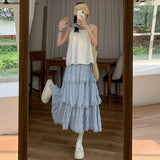 GETADME Sweet Lace Ruffles Long Skirt Women Summer Cute Puff Cake A Line Skirt Woman Korean Style High Waist White Chiffon Tulle Skirt