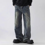 GETADME Korean Style Large Pocket Workwear Jeans Retro Blue Men'S Baggy Jeans Straight Leg Pants Casual Wide Leg Pants Casual Pants