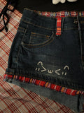 GETADME Red Plaid Curled Low-rise Denim Shorts Women's Summer New Design Diamond-encrusted Retro Jeans Y2k Shorts