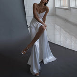 GETADME Elegant White Satin Evening Long Party Dress Women Sexy Slip Deep V Neck High Split Backless Maxi Summer Dresses for Women 2025