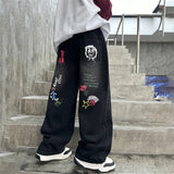 GETADME 2026 Boys' Street Style Straight Jeans: Black Denim with Cartoon Letter Back Print (Ages 4-14