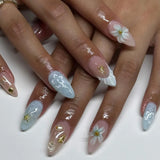 GETADME 24PCS Summer Colorful Almond False Nail with 3D Flower Beach Paintings Press on Fake Nail Full Cover Wearable Manicure for Women