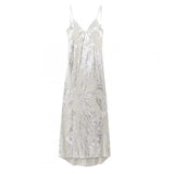 Getadme 섹시 스파게티 스트랩 파티 드레스 메탈 롱 드레스 우아한 백리스 이브닝 드레스