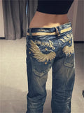GETADME American Personalized Gold Wing Embroidered Jeans Children's 2025 Spring Hot Girl Design Sense Low Waist Micro Flared Pants