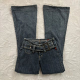 GETADME Y2K Vintage Low Rise Flare Jeans Women Harajuku Fashion Pockets Buckle Belt Blue Denim Pants Gothic Hot Girl Slim Fit Trousers