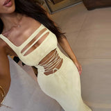 GETADME Summer Solid Color Sleeveless Sexy Hollow Out Strap Dress for Women Bandage Lace Up Backless Club Party Slim Fit