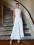 GETADME Women Elegant White Lace Pleated Long Dresses 2025 Spring New High Collar Sleeved Wrapped Waist Dress Fashion Lady Wedding Robes