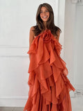 GETADME Chic Halter Pleated Women's Long Dress Flower Sleeveless Backless Cascading Ruffle Robe 2025 Summer Fashion Female Party Dresses
