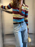 GETADME Striped Cardigan Long-sleeved Single-breasted Sweater Retro Slim Striped Women's T-shirt in Autumn 2025
