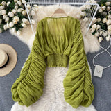 GETADME Women Sexy Chiffon Short Blouse Female See Through Super Long Sleeve Blusas Purple/Green/Black/White Folds Party Tops 2026 New