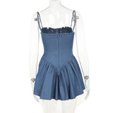 GETADME Spaghetti Strap Imitation Jeans Sleeveless Female Vestido Low Waist Slash Neck New Fashion Femme A-line Pleated Sexy Dresses