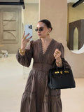 GETADME Fashion Lace Hollow Out Long Dress For Women V-neck Full Sleeve Single Breasted Robe 2025 Summer Elegant Female Casual Dresses
