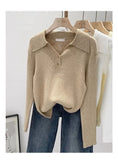 GETADME Women's Clothing Basic All-match Polo Collar Pullovers Autumn Winter Casual Loose Long Sleeve Sweaters Elegant Chic Button Tops