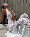 GETADME Sexy White Lace Hollow-out Halter Dress Women Chic Sleeveless Off-shoulder Backless Maxi Dresses 2026 Lady Vacation Beach Gowns