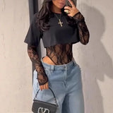GETADME Sexy Women Crop Top+Lace Jacquard Full Sleeve Bodysuit Hottie Street Clubwear Slim Fit Wild Matching Basic Skinny Tees+Jumpsuit