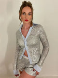 GETADME Mozision Silver Glitter Shorts Sets Women Contrast Color Single-breasted Shirt And Shorts Sparkle Two Piece Set Shorts Sets
