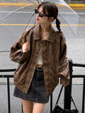 Getadme 2 New Fall Winter Womwn American Vintage Pu Coat Zip Up Faux Leather Old Money Bomber Jacket Classical Oversize Outwear Aesthetic