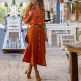 Getadme-여름 버튼 사이드 스플릿 롱 드레스 여성 솔리드 캐주얼 루즈 드레스 여성 긴팔 미디 드레스 2024 Luxuri Even 드레스