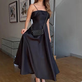 GETADME Vintage French Style Spaghetti Strap Solid A-line Satin High Waist Party Maxi Dresses Evening Party Fashion Vestidos 2025