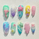 GETADME 24PCS Summer Colorful Almond False Nail with 3D Flower Beach Paintings Press on Fake Nail Full Cover Wearable Manicure for Women