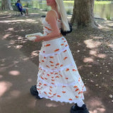 GETADME Spicy Girl Vintage Skirts Y2K Clothes Cute Goldfish Printed Midi Skirt Women High Waist Lace Splicing Cake Kawaii Skirt