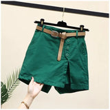 GETADME New 2025 Women's Cotton Shorts High Waist A- Line Skirt with Belt Korean Style Summer Fashion Button Pure Cotton Pants