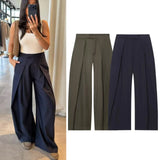 GETADME Women's Long Pants 2025 Autumn New Arrivals Military Green Pleated Loose Wide-Leg Pants Casual Fashion Stylish and Versatile