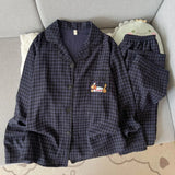 GETADME Embroidery Dog Vintage Plaid 2 Piece Suit Pyjama Femme Korean Style Casual Soft Fashion Women's Pajamas Autumn New Sleepwear
