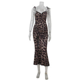 GETADME Women's Trend Low Cut Spaghetti Strap Lace Up Leopard Print Ruched Split Party Maxi Dress Slim Club Holiday Casual Long Vestidos