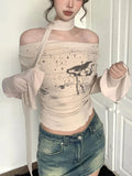 Getadme-Y2k Crop Top Women Vintage Print Sexy Off Shoulder T Shirt Female Autumn Flare Sleeve Grunge Aesthetic Slim Bandage Streetwear