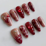 GETADME 24Pcs 3D Strawberry Rabbit Flower Fake Nails Press on Mid-length Almond Wearable False Nails Green Gradient Pearl Manicure Tips