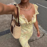 GETADME Summer Flower Printed Women's Sexy Low-cut Dress Sleeveless Backless Slim Sling Dresses 2025 Beach Vacation Lady Vestidos