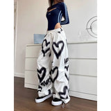 Getadme-American hot girl hip hop love graffiti elastic waist drawstring wide leg pants loose casual high street y2k floor mopping pants