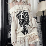 Gothic Y2k Women Sweater Off Shoulder Pullovers Harajuku Anime Graphic Knitwear Hollow Out Kint Spring Oversize Jumper