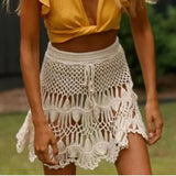 GETADME Handmade Crochet Hollow Out Swimwear Cover Up Solid Color Drawstring Short Skirt Women Holiday Knitting Sweet Beachwear