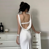 GETADME 여성용 유럽풍 아메리칸 스타일 섹시 가슴 랩 더블 숄더 스트랩 백리스 V넥 슬림핏 드레스