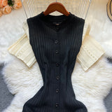 GETADME YuooMuoo Women Dress 2025 Spring and Summer Elegant Patchwork One-Piece Knitted Maxi Dress Office Lady Slim Waist Sweater Dress
