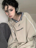 Getadme 2 Vintage V Neck Sweatshirt Women Korean Fashion Streetwear Kpop Pullover Casual Harajuku Grunge Cotton Top Autumn Winter
