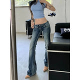 GETADME Women Gyaru Japanese Harajuku Trashy Y2K Jeans Low Rise Flare Denim Pants 2000s Bell-Bottom Long Trousers Kpop Vintage Slim Hot