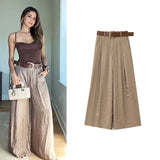 GETADME HipSeam Women Satin Trousers With Belt Spring Summer Simple Women's Pants Versatile Female Loose Pants Pocket Wide Leg Pants