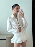 GETADME Chic Ruffle Bow Lace Up Women  Mini Dresses Elegant Solid Mesh Full Sleeved Backless Pleated Prom Dresses 2025 Lady Party Robe