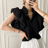 Getadme -Y2K Women Chiffon Black Shirts Summer Fashion Elegant Puff Sleeve Tops Korean All Match Female Casual Blouse New