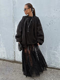 GETADME Mueyeruho 2025 Spring Summer Women Sexy Maxi Lace Skirts Solid High Waist Flare Long Skirt For Women