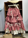GETADME Korean Sweet Fit Chic Plaid Patchwork Skirt Women New Fashion Vintage Bow Print Fluffy Skirts Harajuku Y2k Lovely Clothes Spring