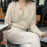 GETADME 2025 Autumn Elegant Hollow Out Knitted Tops Cardigan Women Sweater Coat Pullovers Office-lady Sweet Clothing