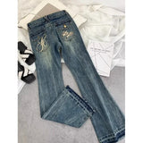 GETADME American retro low-waisted jeans female autumn new embroidery old casual fashion temperament slim Joker bell bottoms.