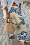 GETADME Ladies Beach Pants High Quality Pure Cotton Fabric Blue Fish Graphic Printing Chic Trend Fashion New Loose Wide Leg Trousers