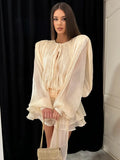 GETADME Chic Ruffle Bow Lace Up Women  Mini Dresses Elegant Solid Mesh Full Sleeved Backless Pleated Prom Dresses 2025 Lady Party Robe