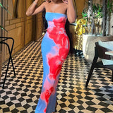 GETADME Summer Holiday Sexy Strapless Tie Dye Floral Tube Dress Women Off Shoulder Open Back Beach Trend Bodycon Stretchly Maxi Dresses